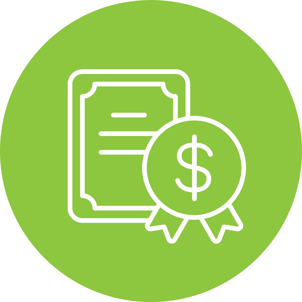 Graphic of a document with a ribbon in front of it containing a dollar sign