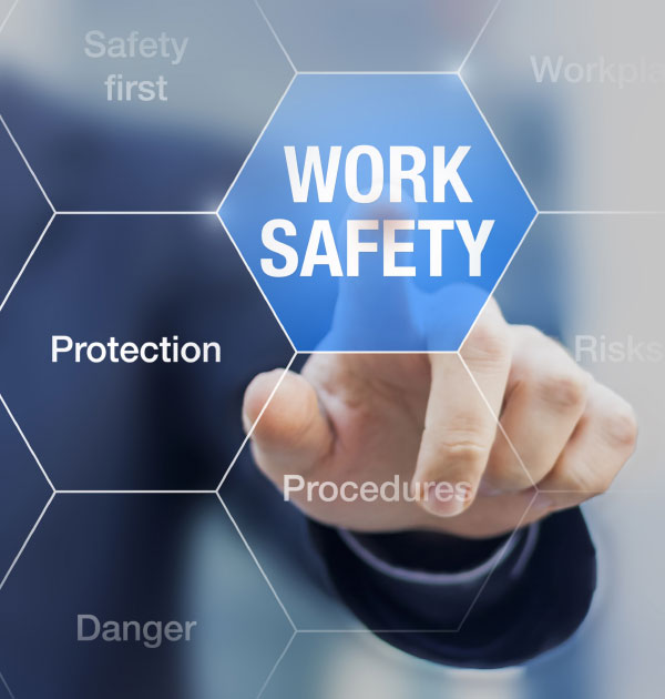 A person's hand with the first finger tapping on a blue hexagon that reads Work Safety